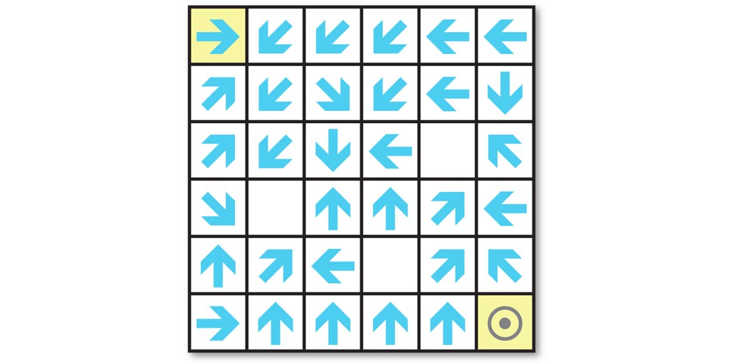 Mazelog's tweet image. This month's maze is a bit different from usual; before you can solve it you have to fill in the missing arrows: mazelog.com/show?1PO