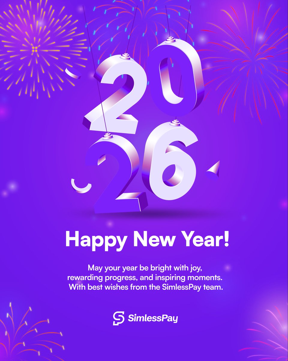 simlesspay's tweet image. Cheers to a year filled with brighter moments, meaningful progress, and wins that truly matter.

Happy New Year from all of us at SimlessPay! 💜

#HappNewYear2026 #NewYear2026 #simlesspay
