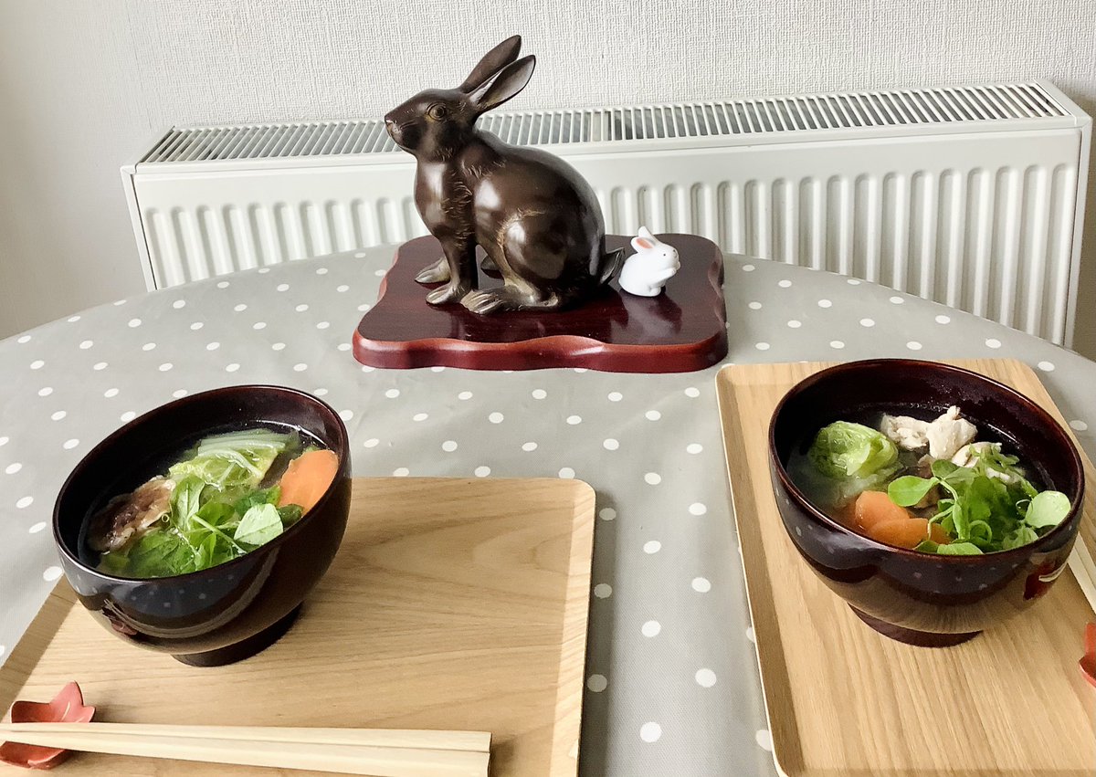 Happy New Year. We had Ozo-in, Japanese traditional New Year’s Day breakfast. Chicken broth with winter vegetables and o-mochi. I mixed two soup stock, kombu and Ago. It was very nice. 
Meet Shitennoji, bronze rabbit, from Osaka. Mike found him in an antique market. We pat him.