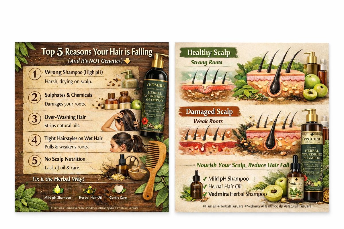 Vedmira13206's tweet image. Hair fall genetics nahi, habits ki wajah se hota hai 🌿
Scalp ko nourish karo, roots ko strong banao.
Vedmira – Where Vedas Meet Nature #Vedmira #HerbalShampoo #HairFallSolution #HealthyScalp #AyurvedicHair