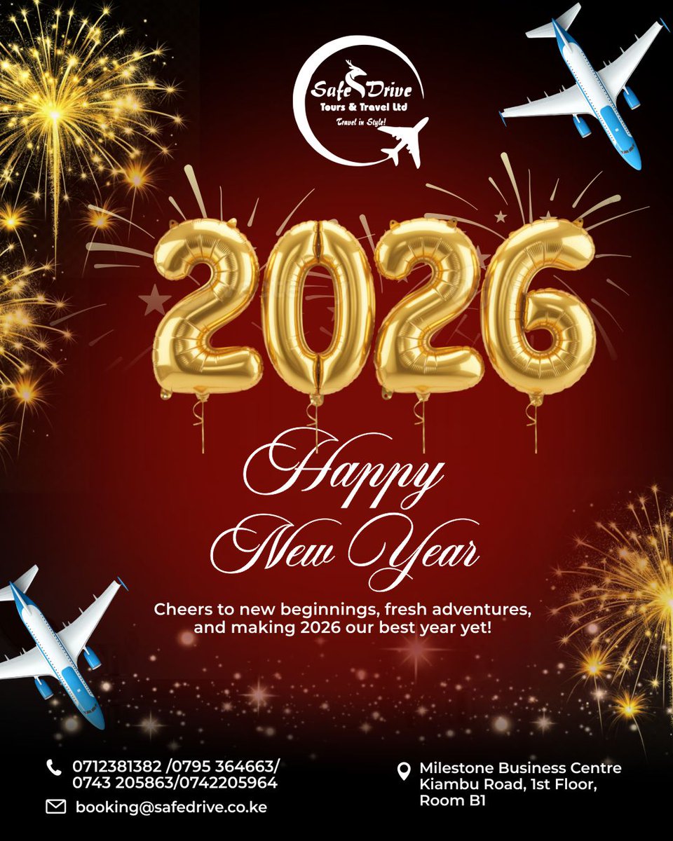Cheers to a new year and new horizons! 🎉 At Safe Drive Tours and Travel Ltd, we're excited to help you explore the world safely and comfortably in 2026.  What destinations are on your travel wish list? Share them in the comments! #HappyNewYear2026 #TravelDreams #Safedriveke