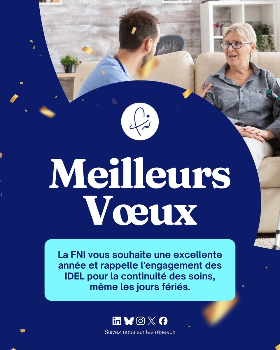 Bonne année ! 🎊
En 2026, la FNI reste mobilisée à vos côtés pour défendre votre profession et vous accompagner au quotidien dans votre exercice professionnel.
Merci pour votre engagement quotidien et belle année à toutes et tous ! ✨

#FNI #IDEL #InfirmierLibéral