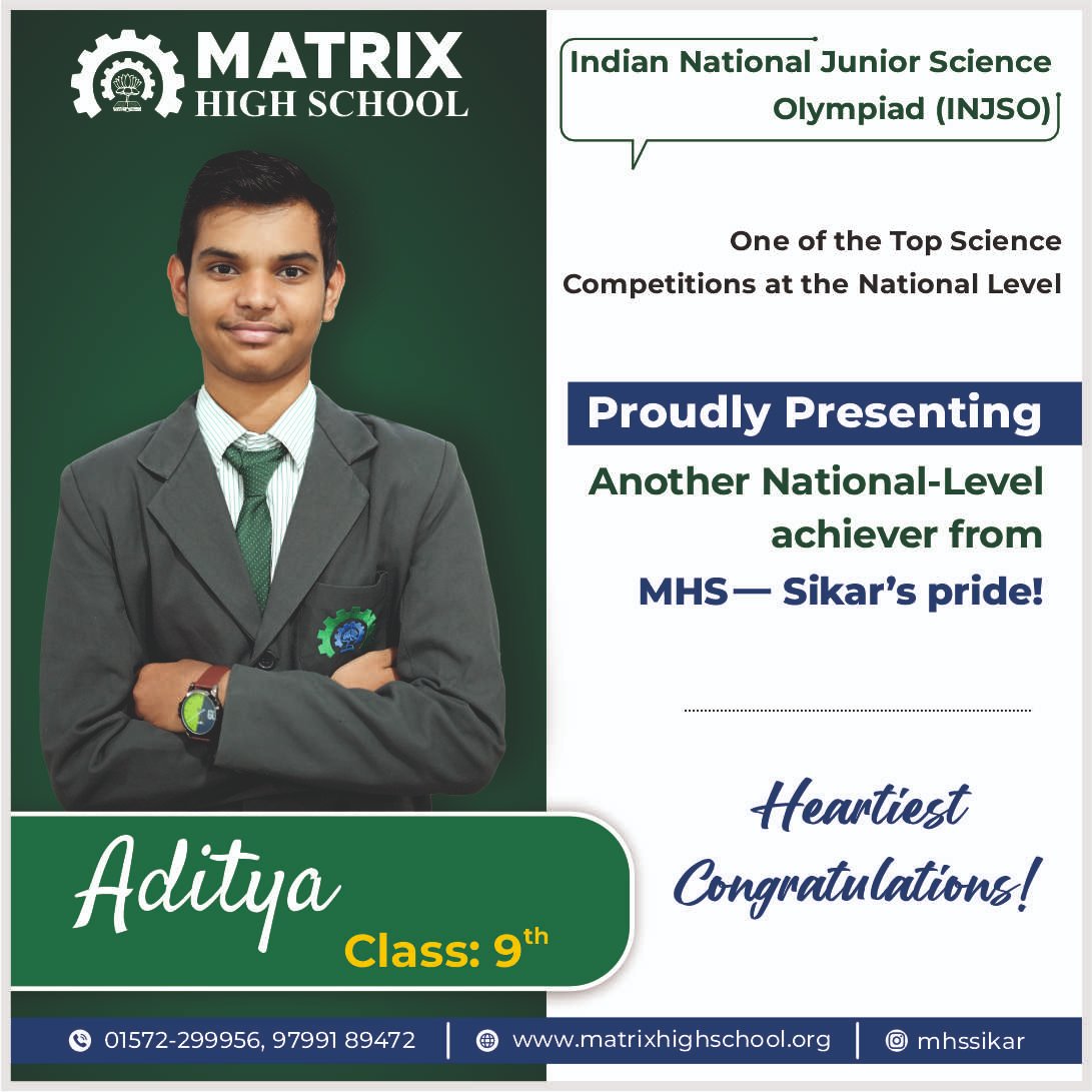 Proud moment for Sikar! 🥳 Aditya from Matrix has qualified for the Indian National Junior Science Olympiad (INJSO), one of the top science competitions in the country, putting our city on the national science map. 

Congratulations to our bright young mind!