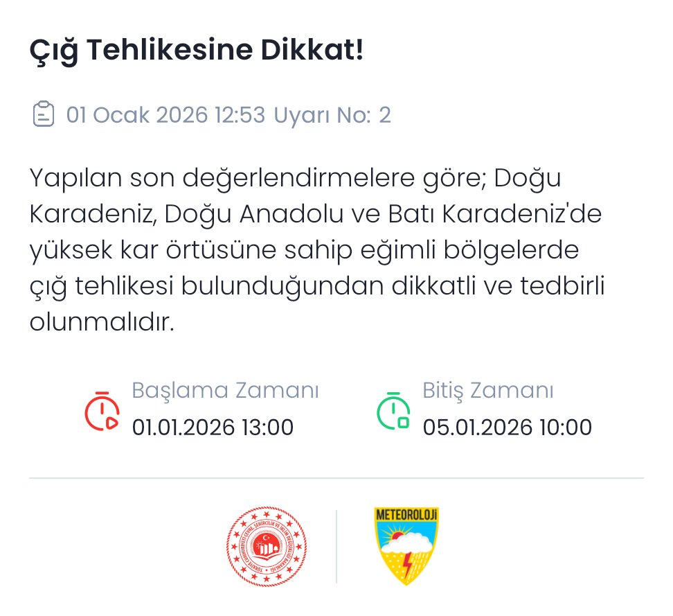 📢 Çığ Tehlikesine Dikkat!
