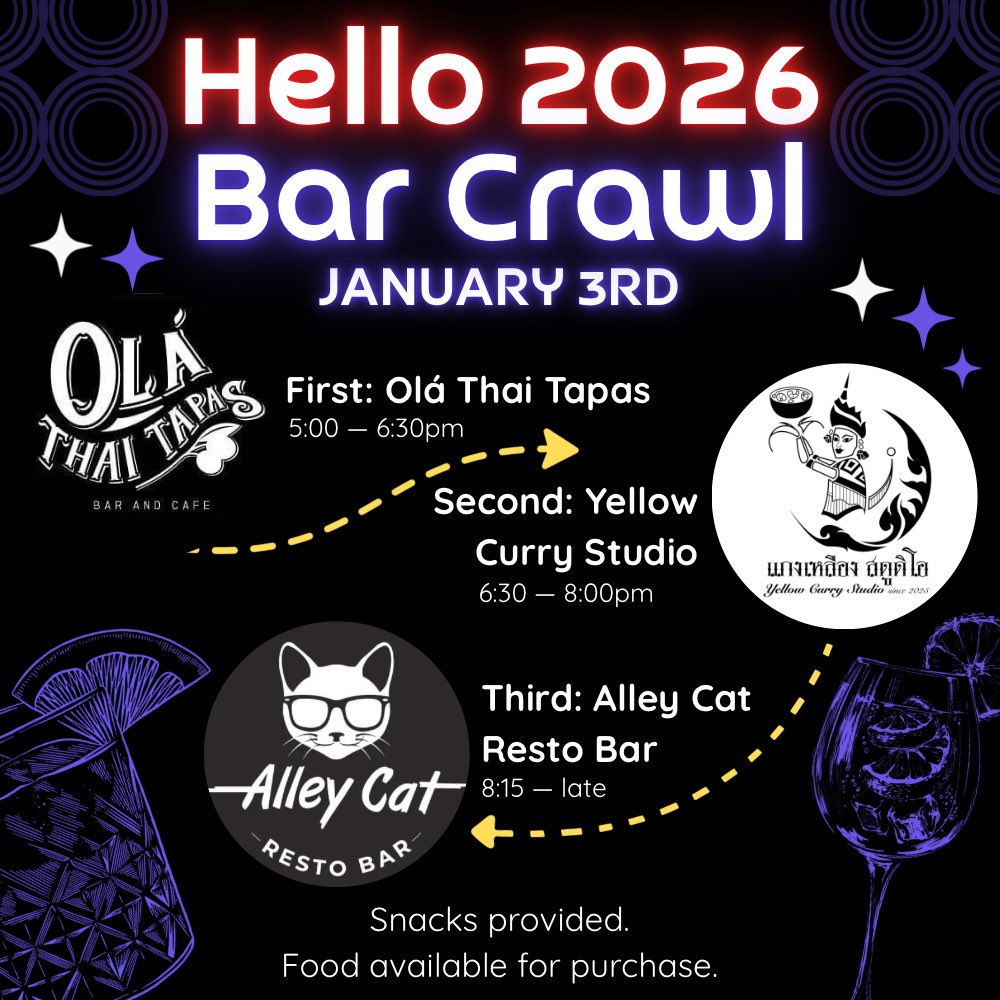 Start the year off right by joining a mini bar crawl in Phra Nakhon! 🍻 

📍 Beginning at Olá Thai Tapas, moving onto Yellow Curry Studio and finishing at Alley Cat Resto Bar. 

Food is available at each location.