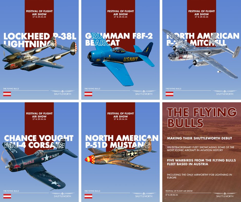 ShuttleworthTru's tweet image. ✈️ BIG AIR SHOW NEWS...

The Flying Bulls will be joining us for Festival of Flight on 27 &amp;amp; 28 June!

Lockheed P-38L Lightning
Grumman F8F-2 Bearcat
North American B-25J Mitchell
Chance Vought F4U-4 Corsair
North American P-51D Mustang

Get your tickets! shuttleworth.org/events/festiva…