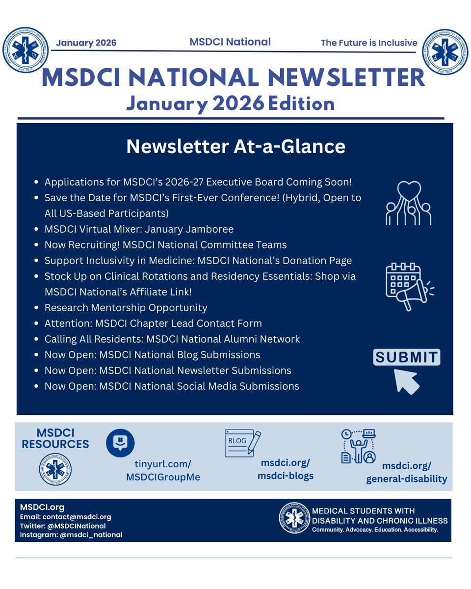 MSDCINational's tweet photo. Our January 2026 newsletter is out now! ☃️

For those of you subscribed to our mailing list, check your email for the full newsletter! 📩

If you aren’t subscribed yet, please visit https://t.co/utGtwahtpc
 
#DisabilityInMedicine #DisabilityPride #DocsWithDisabilities (1/9) https://t.co/eot0dDg6Xj