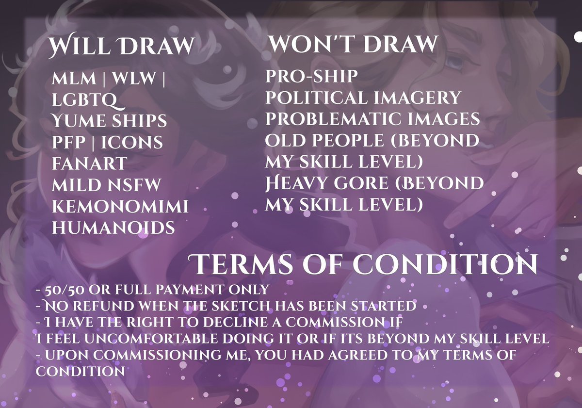 Art Commissions by Soda 

you can also order directly to my vgen account to help me grow get verified and grow there ^^ 

vgen.co/xamxi

#VGenComm #VGen #ArtCommission