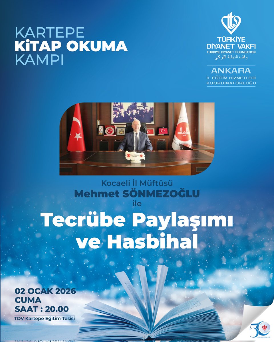 📅 Tarih: 2 Ocak Cuma
🕣 Saat: 20.00
📍 Yer: TDV Kartepe Eğitim Tesisi
<a href="/DiyanetVakfi/">Türkiye Diyanet Vakfı</a> 
#tdv