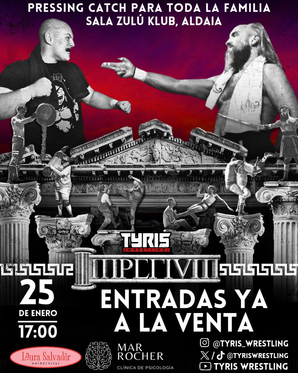 TyrisWrestling's tweet photo. 🏛️ *EL IMPERIO SE LEVANTA EN VALENCIA.*🏛️

🥂Año nuevo, Retos nuevos. Este 2026 no solo regresamos, venimos a conquistar.
Los gladiadores de Tyris Wrestling están listos para la gloria o el sacrificio en IMPERIUM. ⚔️

📅 Imperium: 25 de Enero.
📍 Sala Zulú Klub, Aldaia.
🎫 Entradas disponibles: https://t.co/fBQ1kI6BHQ
🏷️ Venta en taquilla el dia del evento a partir de las 16:50

¡Ave, Tyris! ¡Los que van a luchar te saludan! ✋🏻