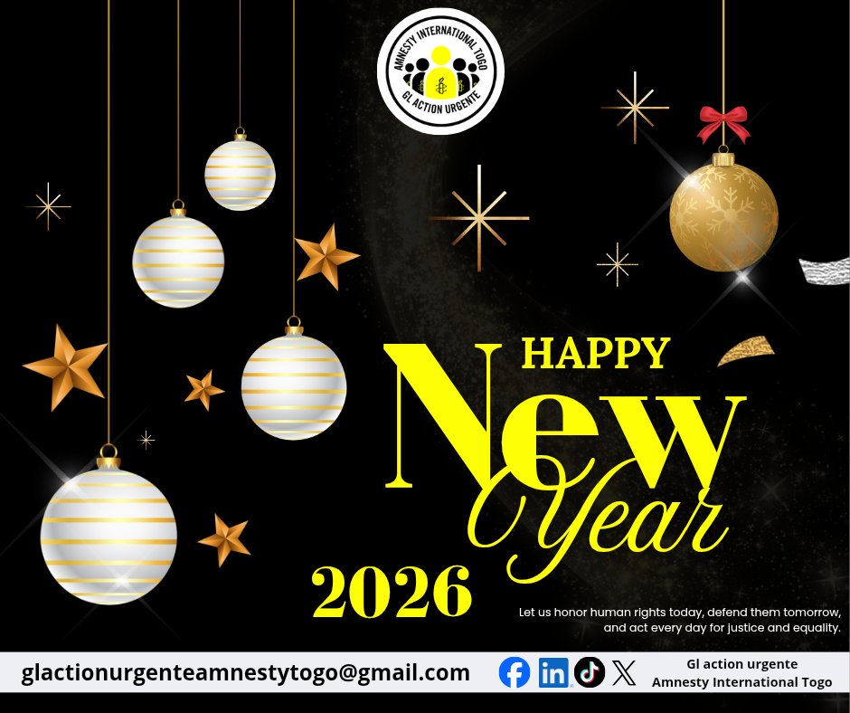 Bonne année 2026 ! 
Le GL Action Urgente – Amnesty International Togo vous souhaite courage et victoires pour les droits humains. 💛✊🏾
Continuons à protéger chaque vie et défendre chaque liberté.
#GLActionUrgente #DroitsHumains #Engagement2026 <a href="/AmnestyTogo/">Amnesty International Togo</a>