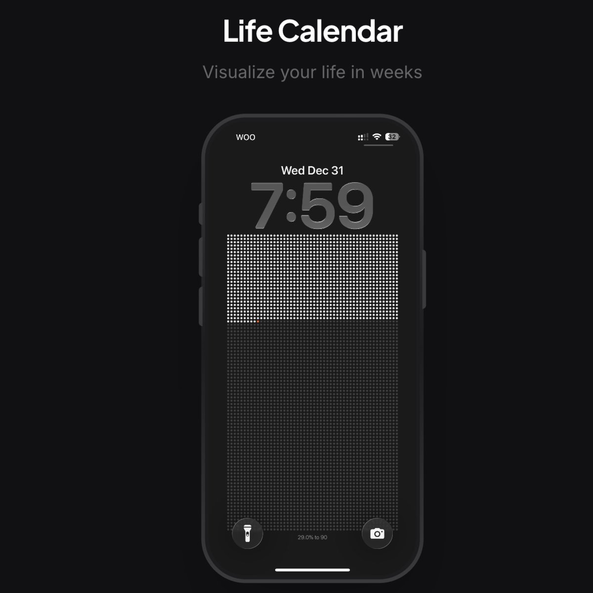 luismbat's tweet image. A few days ago I shared a life calendar I built: your entire life, shown as weeks on your iPhone lock screen.

A lot of people asked for it, so here it is:  thelifecalendar.com 

I also added a yearly view to visualize the progress of the current year.

Happy New Year 🎉