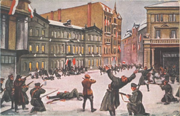 SanacjaPosting's tweet photo. Painting by Leon Prauziński depicting the assault on the police presidium and the death of Franciszek Ratajczyk, who was the first soldier to die in combat during the Greater Poland Uprising of 1918. https://t.co/ZZlSxbVHUN