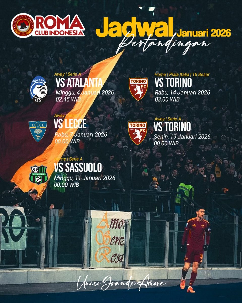 Jadwal pertandingan AS Roma bulan Januari 2026.
💛❤️🐺.

.
.

#asroma
#romaclubindonesia
#unicograndeamore