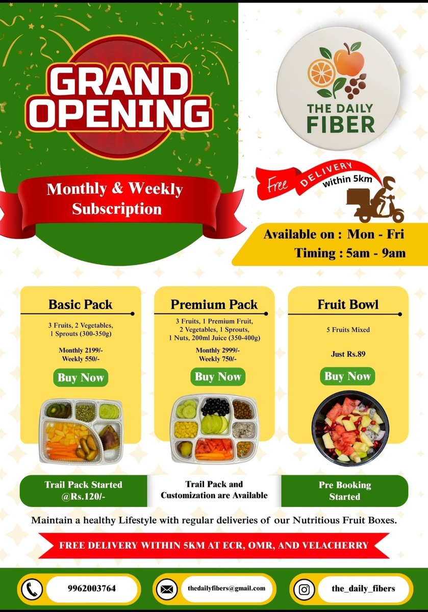 thedailyfiber_'s tweet image. Chennai 
🌿 *Introducing* *The Daily Fiber* 🌿  
Your daily dose of wellness, one bite at a time!  
Packed with nature, powered by goodness. 🍎🍇🍊  
#TheDailyFiber #HealthyLiving #EatClean #WellnessJourney #FiberFuel