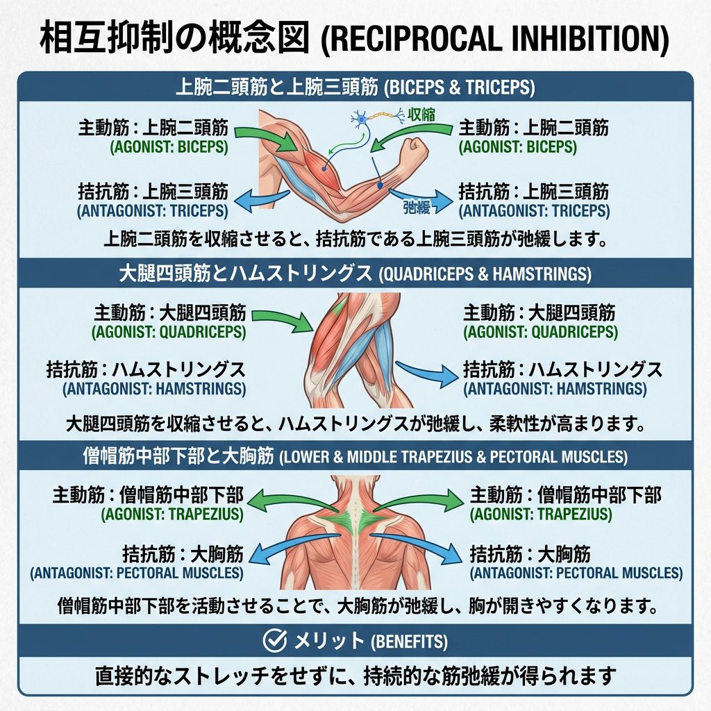 iso_ryo02's tweet photo. なぜストレッチしても
すぐ硬くなるのか

答え: 拮抗筋を活性化してないから

相反抑制って知ってる?

主動筋が働く時
拮抗筋は自動的に緩む

これが神経の仕組み

例:
上腕二頭筋を収縮
↓
上腕三頭筋が自動的に弛���

この原理を使えば:

硬い筋肉を
直接ストレッチしなくても
緩められる

具体例:

【ハムストリングスが硬い】
❌ ハムをストレッチ
⭕️ 大腿四頭筋を活性化
→ ハムが自動的に緩む

【大胸筋が硬い】
❌ 大胸筋をストレッチ
⭕️ 僧帽筋中部・下部を活性化
→ 大胸筋が自動的に緩む

メリット:

・痛くない
・効率的
・持続性が高い

なぜ持続性が高いのか?

理由:
神経レベルで変化してるから

ただのストレッチは
一時的に伸ばしてるだけ

でも相反抑制は
脳が「緩めていい」と判断

だから持続する

実際のケース:

前屈が床から-20cm
→ 大腿四頭筋を10回収縮
→ 前屈が床から-5cm

ハムを直接伸ばさず改善

この原理、使えてる?

使えてないなら
ストレッチ、時間の無駄

神経の仕組みを理解すれば
効率10倍

もっと勉強したい人は、固定のポストから無料のオンラインスクールで勉強してください。
