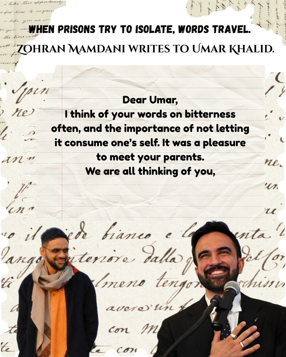 banojyotsna's tweet image. Zohran Mamdani writes to Umar Khalid. 
December 2025. 

#FreeUmarKhalid
#FreeAllPoliticalPrisoners