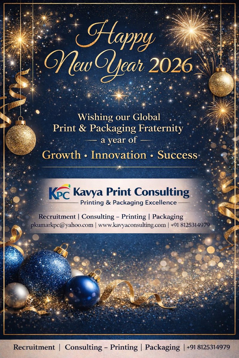 pkumarkpc's tweet photo. Season’s Greetings &amp; Happy New Year 2026 🎊
Wishing the Global Print &amp; Packaging Fraternity a year of new opportunities, technological advancements, and business excellence.
Kavya Print Consulting
#HappyNewYear2026toFaye #PrintingIndustry #PackagingIndustry
#PrintConsulting https://t.co/eAnnsrhBkE