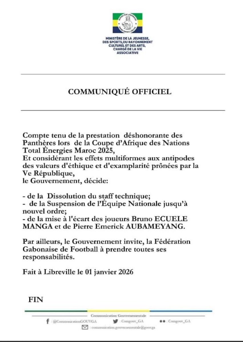 ActuFoot_'s tweet image. 🚨💣 OFFICIEL ! Suite aux prestations lors de la #CAN2025, le Gabon 🇬🇦 a décidé de 𝗩𝗜𝗥𝗘𝗥 𝗧𝗢𝗨𝗧 𝗟𝗘 𝗦𝗧𝗔𝗙𝗙 𝗧𝗘𝗖𝗛𝗡𝗜𝗤𝗨𝗘, de 𝗦𝗨𝗦𝗣𝗘𝗡𝗗𝗥𝗘 𝗟’𝗘́𝗤𝗨𝗜𝗣𝗘 𝗡𝗔𝗧𝗜𝗢𝗡𝗔𝗟𝗘 jusqu’à nouvel ordre et d’𝗘́𝗖𝗔𝗥𝗧𝗘𝗥 𝗗𝗘́𝗙𝗜𝗡𝗜𝗧𝗜𝗩𝗘𝗠𝗘𝗡𝗧…