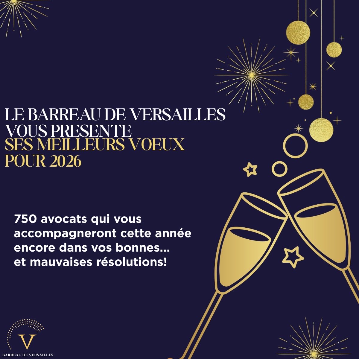 Le Barreau de Versailles vous souhaite une excellente année 2026 !

Tout au long de cette année, ses avocats seront à vos cotés pour conseiller afin de réaliser vos bonnes résolutions … et vous défendre en cas de mauvaises résolutions.