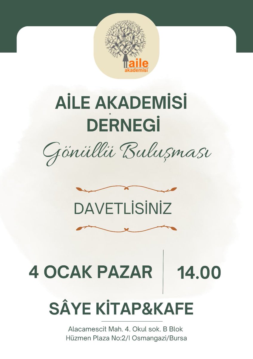 Değerli Gönüllümüz,

2026- 2027 döneminde Aile Akademisinin yıllık faaliyet programını paylaşabilmek, sağlayabileceğiniz katkılardan yararlanabilmek ve tanışabilmek adına  4 Ocak Pazar günü 14.00 da Saye Cafe ‘de  ki toplantımıza davetlisiniz.