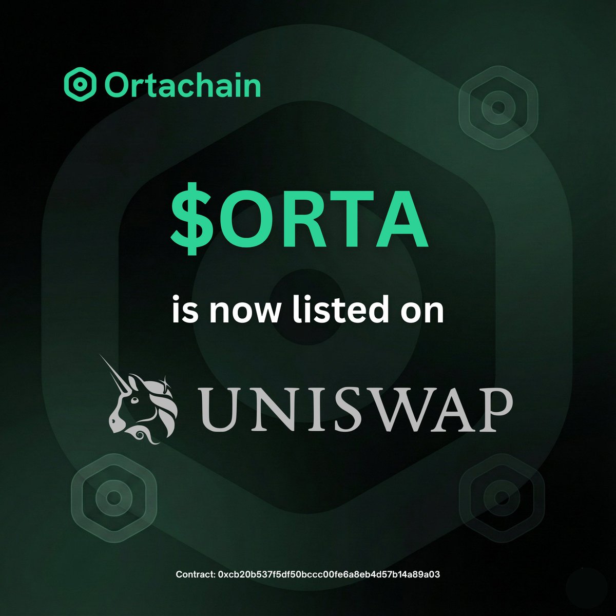 $ORTA is now listed on Uniswap.

Live as of 01.01.2026 · 13:00 UTC

Contract: 0xcb20b537F5dF50BCcc00Fe6a8Eb4D57b14a89a03