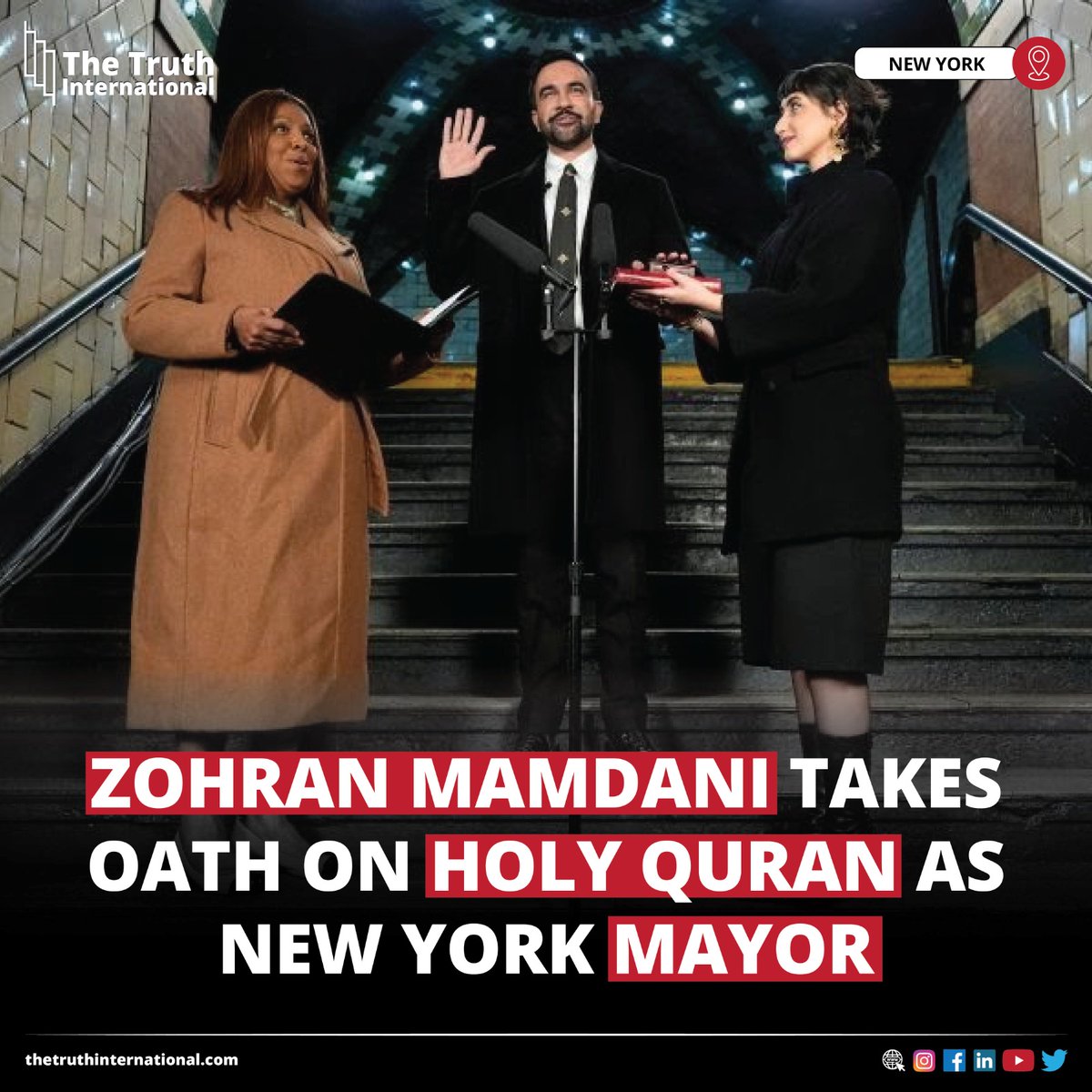 ttimagazine's tweet image. Zohran Mamdani Takes Oath on Holy Quran as New York Mayor

Details:
thetruthinternational.com/zohran-mamdani…

#ZohranMamdani #Takes #Oath #HolyQuran #NewYork #Mayor #NYC #Muslim #trailblazing #candidate