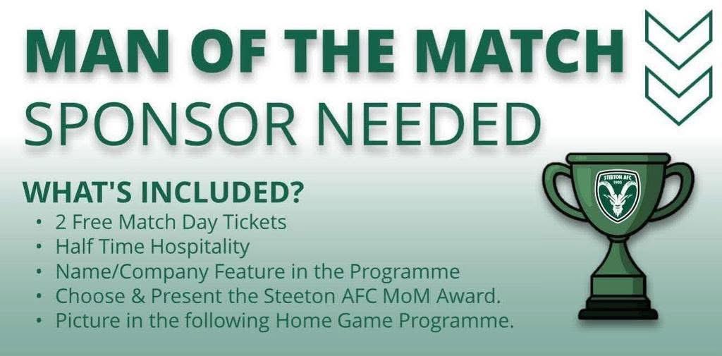 Steeton AFC need a MoM sponsor for this Saturday’s home game with Squires Gate 

Please get in touch if you can help