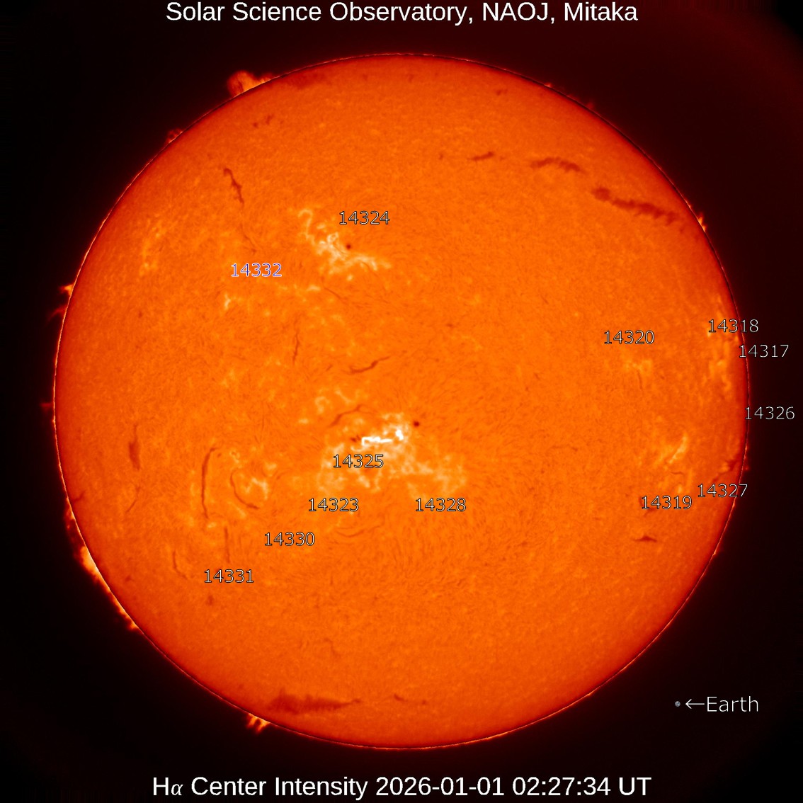 本日の太陽】2026-1-1のHα線全面像 活動領域14332が新たに出現しました