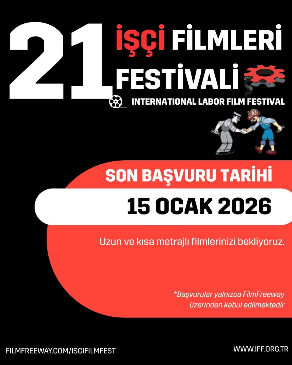 iscifilmfest's tweet image. Son çağrı!

21. Uluslararası İşçi Filmleri Festivali 1 Mayıs 2026’da takipçileriyle yeniden buluşmaya hazırlanıyor.

Başvurular 15 Ocak 2026'ya kadar devam ediyor. Kısa ve uzun metrajlı kurmaca, belgesel ve canlandırma filmlerinizi bekliyoruz

👉 Filmfreeway.com/iscifilmfest