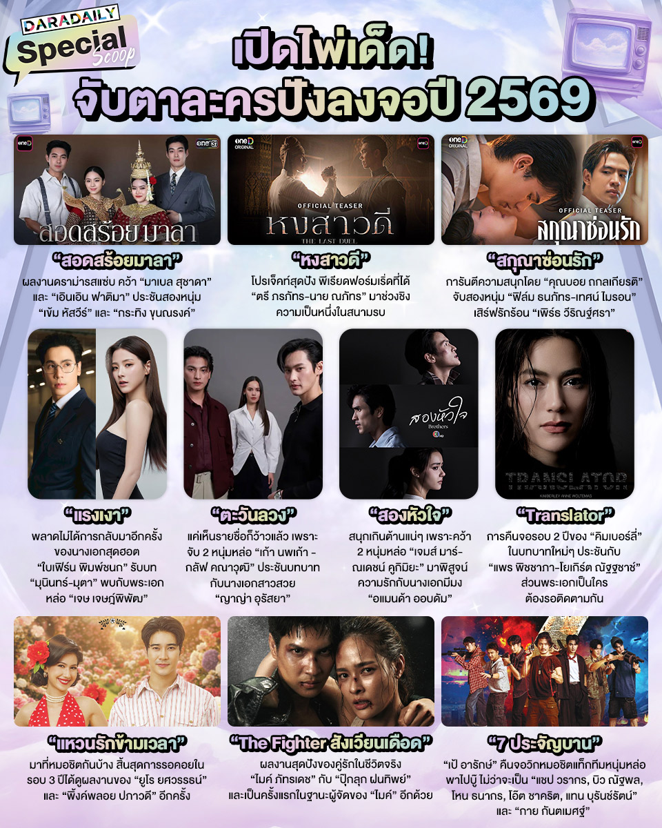 🥰เปิดไพ่เด็ด! จับตาละครปังลงจอปี 2569✨📺🎉

#สอดสร้อยมาลา #หงสาวดี #สกุณาซ่อนรัก #แรงเงา #ตะวันลวง #สองหัวใจ #Translator #แหวนรักข้ามเวลา #TheFighterสังเวียนเดือด #7ประจัญบาน #daradaily #ดาราเดลี่ #ข่าวบันเทิง