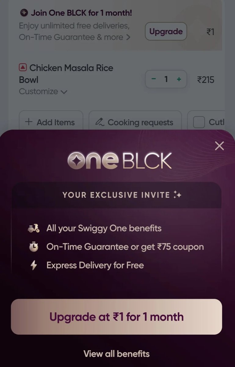 Mysterydealz's tweet photo. Swiggy - 1 Month One Black Upgrade @ ₹1 || User Specific

-Banner shown after adding Food Item in cart
-Already holding Swiggy One Membership, Shown as upgrade offer @ ₹1 https://t.co/6CpXIPpOpl