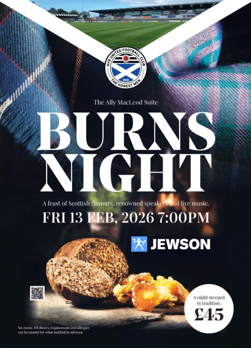 🥃 Our 2026 Burns Supper!

A night steeped in tradition. A feast of Scottish flavours, renowned speakers and live music.

Book your tickets now.

🎟️ tickets.ayrunitedtickets.co.uk/event/the-ayr-…

#WeAreUnited