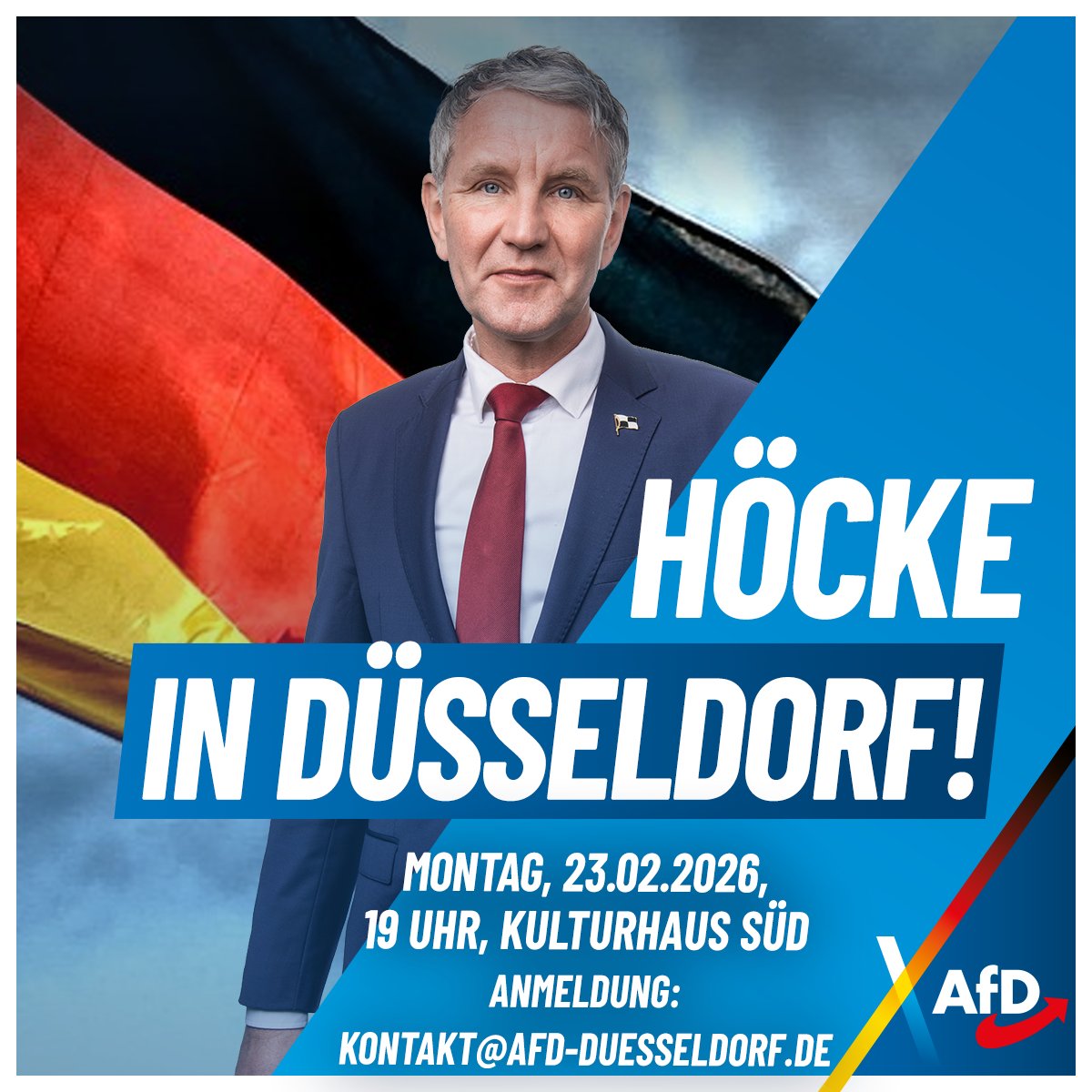 Die AfD Düsseldorf forciert auch 2026 die politische Arbeit in der NRW-Landeshauptstadt mit hochkarätigen Gastauftritten und Bürgerdialogen zu den Themen unserer Zeit. Am 23.2.2026 erwarten wir <a href="/BjoernHoecke/">Björn Höcke</a> im Kulturhaus Süd. Anmeldung über kontakt@afd-duesseldorf.de