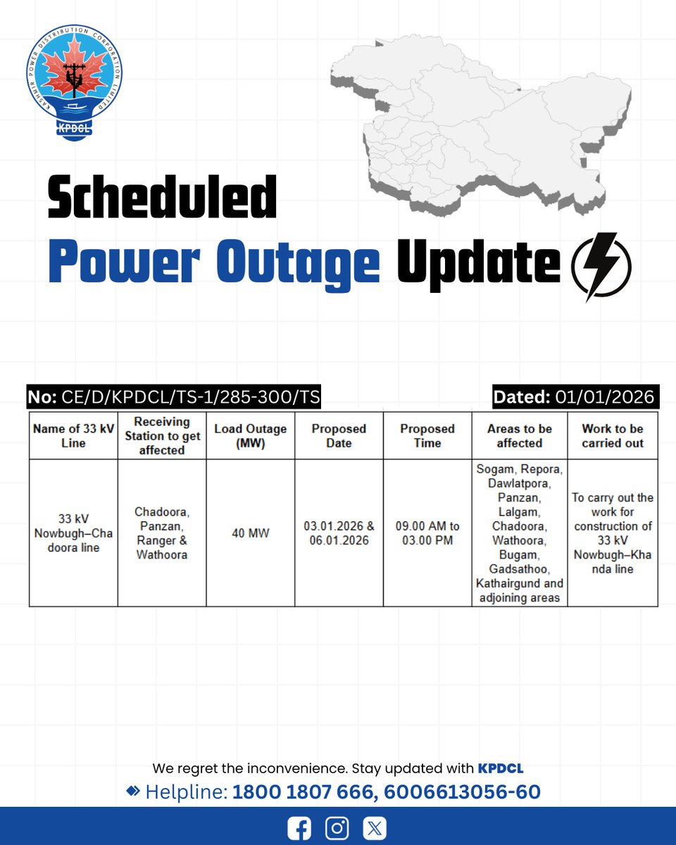 kpdcloffice's tweet photo. Scheduled Power Shutdown Update of 33 KV Line.

Stay prepared!

We regret the inconvenience caused.

#KPDCL #SHUTDOWN

@CM_JnK @OfficeOfLGJandK @diprjk @nasirsogami @DivComKash @GreaterKashmir @RisingKashmir https://t.co/jKqzjUX876