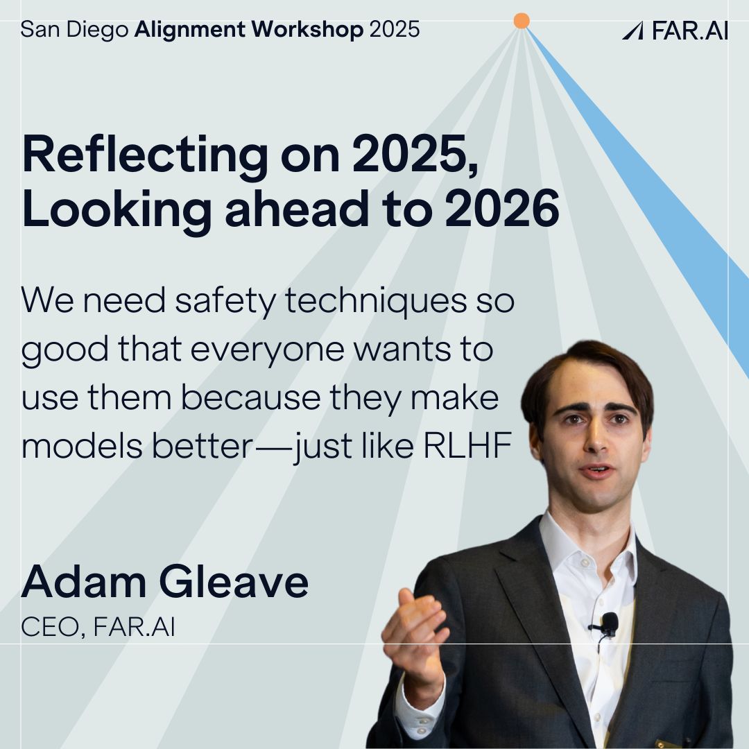 In 2025, coding agents jumped from 14% to 74% accuracy while safety lagged behind. Universal jailbreaks achieved 100% success on new frontier models within weeks. <a href="/ARGleave/">Adam Gleave</a> on why we're only as safe as the least safe model, and what 2026 requires.👇