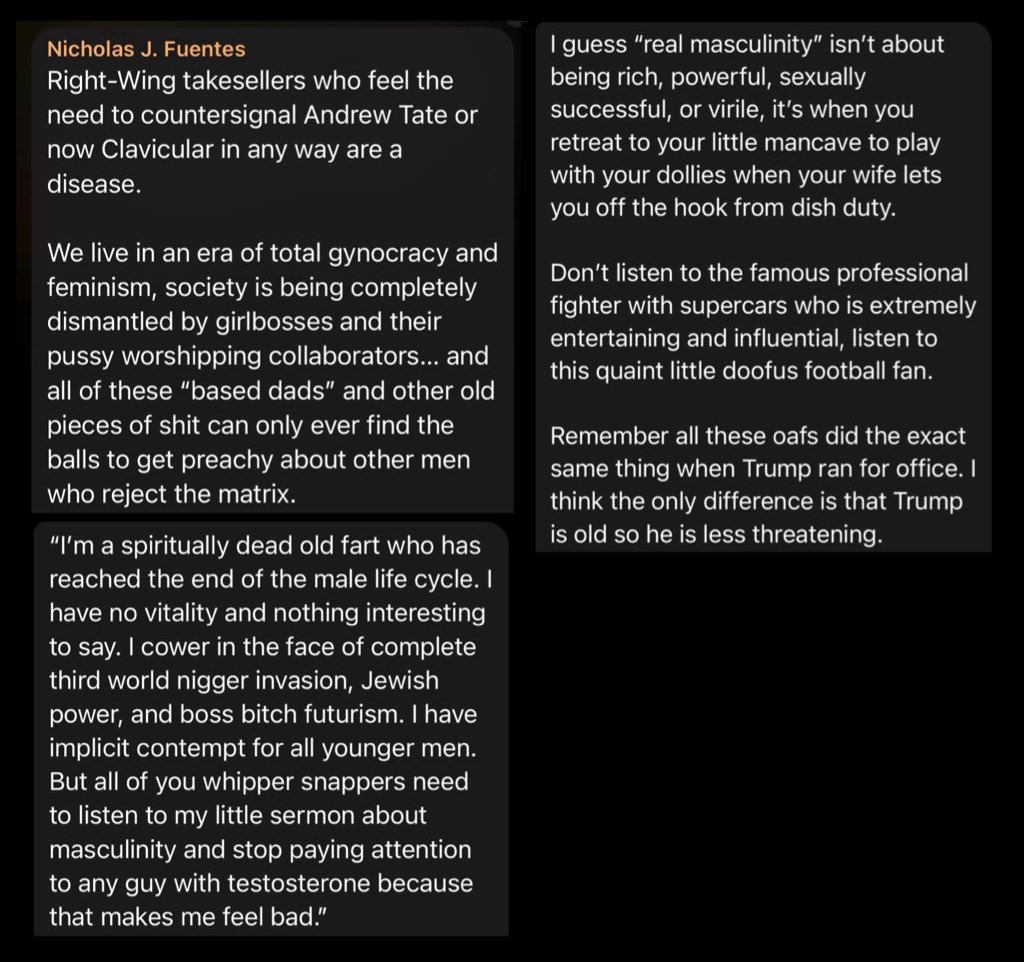 ImperiumFirst's tweet image. Nick Fuentes cooks the people counter signaling Andrew Tate and Clavicular, calling them a disease:

“We live in an era of total gynocracy and feminism, society is being completely dismantled by girlbosses and their pussу worshipping collaborators.” 🔥