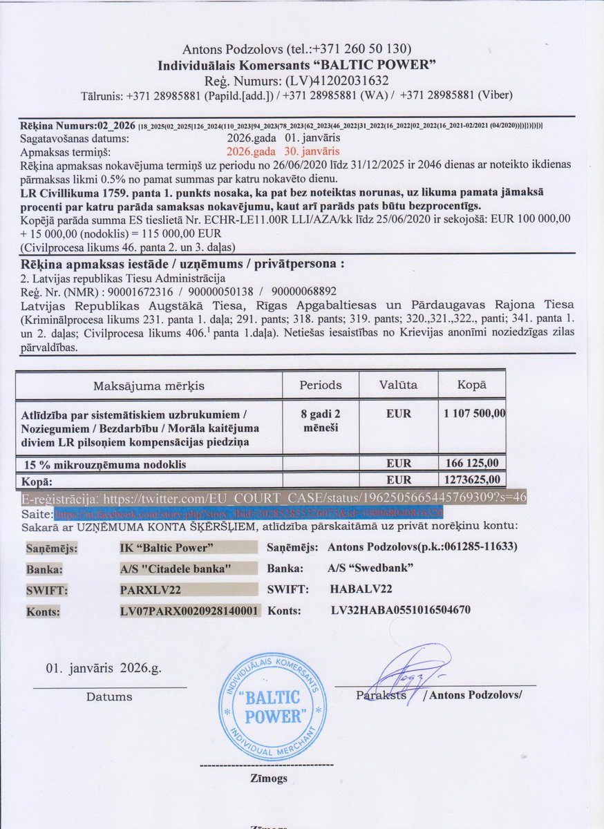 EU_COURT_CASE's tweet photo. Electronic send of updated invoices+legal formalities 01/01/26 via e-mail.
🇱🇻)Fin.parāds
🇪🇺)Fin.owing
🇷🇺)Фин.долг
Līdz/Till/До 31/12/25
EUR1107500,00+166125,00(TAX)
TOTAL:EUR1273625,00
Receptions confirmed✅ :
https://t.co/WXYbn5DyLZ
Deadline 30/01/2026❗:
https://t.co/m4G9VluI0n https://t.co/MtTOfCrk68