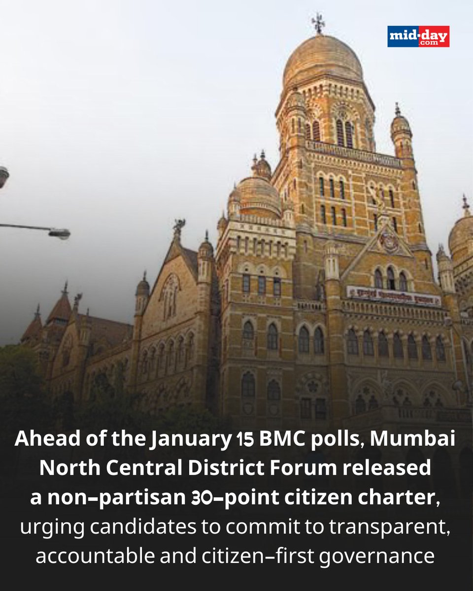 mid_day's tweet photo. Ahead of the BMC Election 2026, MNCDF released a non-partisan 30-point citizen charter urging candidates to commit to transparent, accountable and citizen-first governance in Mumbai.

The charter demands pothole-free roads, stronger pollution controls, better grievance redressal, pedestrian safety, and improved civic services across healthcare, transport and public infrastructure.