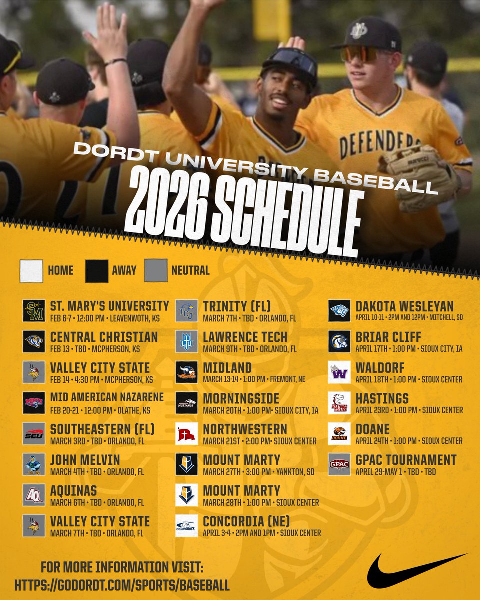 DordtBaseball's tweet photo. New Year, New Schedule! The Defenders open the 2026 season February 6 in Leavenworth, KS. Full schedule below! https://t.co/otHT3tlzOe