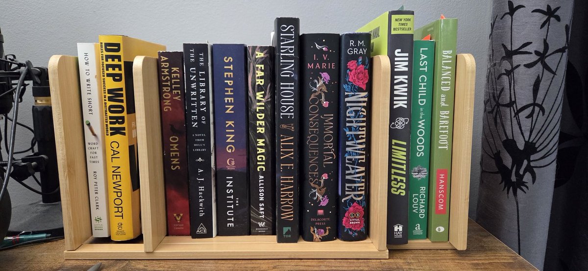 Current (physical) TBR pile, organized and displayed using this handy little shelf-thing my eldest child bought me for Christmas.
I'm a very 'out of sight, out of mind' kind of person so keeping these lined up where I can easily see them will – hopefully – help me actually read.