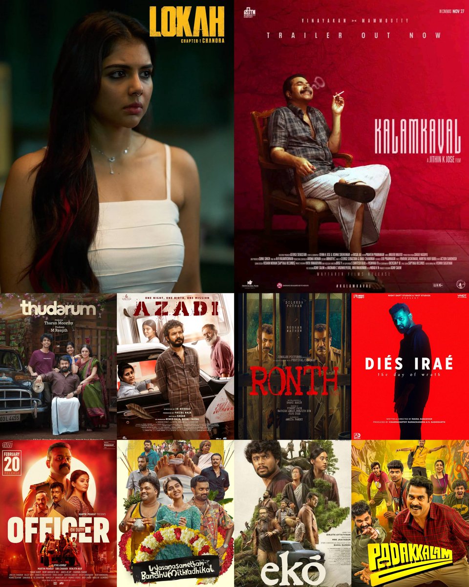 padampishow's tweet photo. My Top Malayalam Movies of 2025
Decent | Watchables 

1. #Thudarum
Dhrishyam வாடை வந்துச்சு. ஆனா வேற களம். 2nd half வழக்கமான பாதைக்கு போகுது ,இருந்தாலும் decent watch.

2. #Kalamkaval
தெரிஞ்ச கதை தான். மம்மூட்டி Serial Killer 👺 ஆக அதகளம் 🔥 
இன்னும் கொஞ்சம் tight பண்ணி இருக்கலாம்.

3. #DiésIraé
Good theater experience horror atmosphere படம்.

4. #OfficerOnDuty
Police procedural drama.
வேட்டையாடு விளையாடு+ நான் மகான் அல்ல கலந்து அடிச்சு இருப்பாய்ங்கே. வில்லன்கள் எந்த impactஐயும் கடத்தல.

5. #Padakkalam
தமிழ்ல வந்த சின்ன வாத்தியார் கூடு விட்டு கூடு பாயும் concept with humorus touch. Ok தான்.

6. #Azadi
Good timepass thriller. என்னைய  விட என் வீட்ல தான் ரொம்ப மும்மரமா பாத்தாங்க .

7. #Ronth
ரோந்து பணி செல்லும் police அவர்கள் சந்திக்கும் பிரச்சினைகள். இதற்கு over கூவல் வந்தது. ஆனா okay தான்.

8. #LokahChapter
Start to end entertaining for me. Good theater watch. Dulquer + Tovino cameos🤦‍♂️
“மச்சா யாருடா இவனுங்க” என்று தான் தோனுச்சு.

9. #Eko
Slow burning mystery drama. Super locations. எனக்கு பிடித்தது.

10. #VysanasamethamBandhumithradhikal
இழவு வீட்டில் நடக்கும் காமெடி.
Bengali character 🤣
Anaswara acting 👌

#PadamPiShow