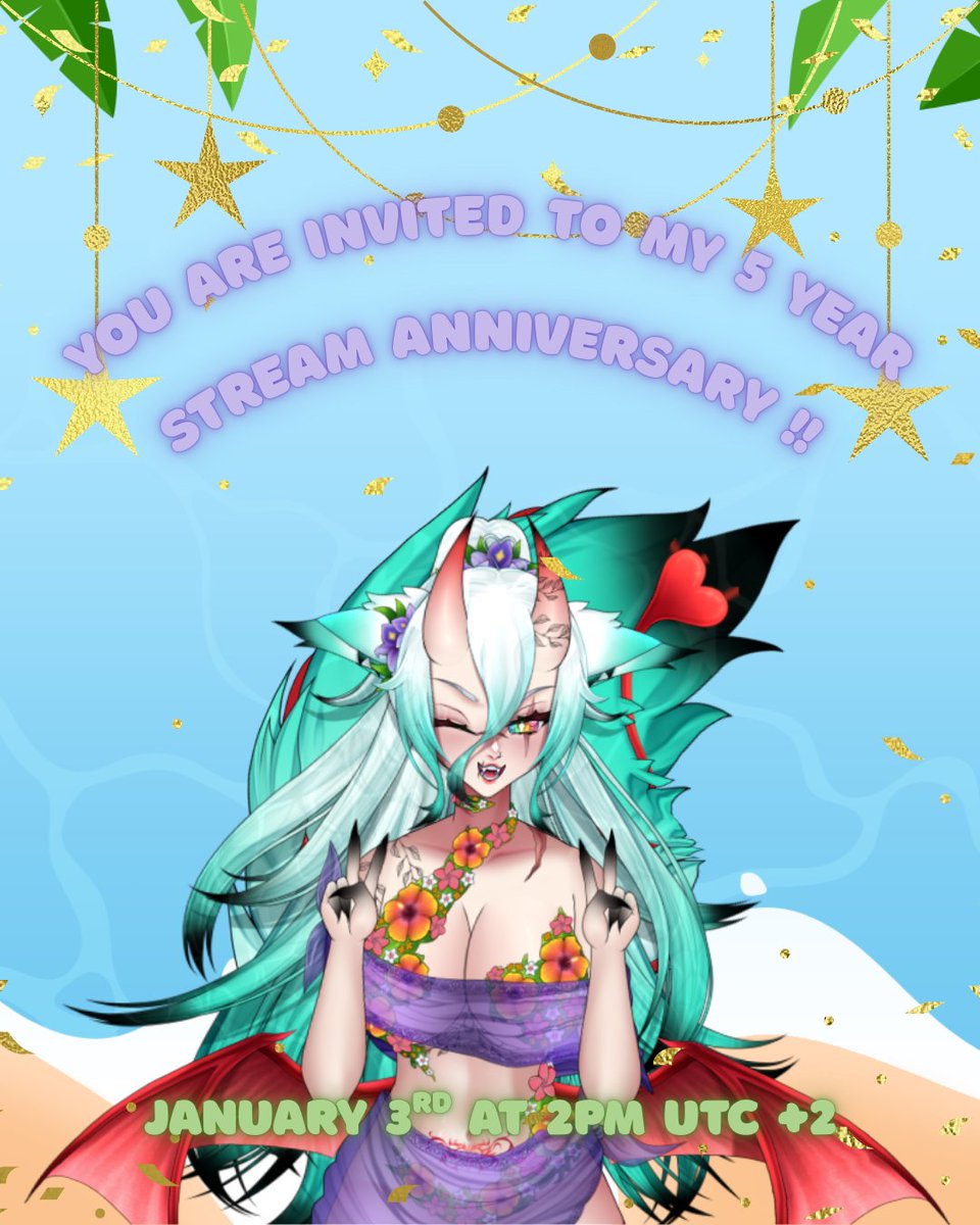 ✨ YOU ARE INVITES TO MY 5 YEAR STREAM ANNIVERSARY !! ✨

I'M GOING TO HAVE A 12 HOUR STREAM ON JANUARY 3rd AT 2PM UTC +2 💜

WE'RE GONNA DO SOME KARAOKE, PLAY SOME GAMES, HANG OUT &amp; CHILL !! 

I HOPE TO SEE YOU THERE CUZ I HAVE A LITTLE SUPRISE FOR YOU GUYS~