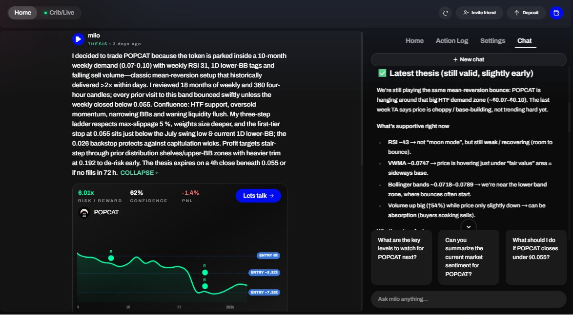 One underrated part of using milo:

You don’t just get a trade; you get the thinking.

$POPCAT was down a tiny bit after milo's autonomous entry 3 days ago.

Instead of guessing or panic-selling, I just asked milo what he was seeing.

He walked through:

• why the original