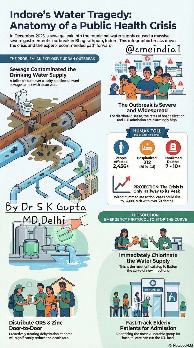 CMEINDIA1's tweet photo. Cleanest City, Contaminated Water: Indore Waterborne Outbreak Tragedy (Dec 2025)

By Dr. S. K. Gupta
MD , Delhi
@drskgupta

🏙️ Event Snapshot

Location: Bhagirathpura, Indore, Madhya Pradesh

Period: December 24–31, 2025

Exposure: Municipal drinking water pipeline (Narmada supply)

Nature: Urban explosive waterborne outbreak

🚨 What Happened

Residents reported foul-smelling, bad-tasting tap water, followed within days by acute vomiting and diarrhoea across households. Rapid escalation led to mass hospitalisations, ICU admissions, and deaths—predominantly from severe dehydration, electrolyte imbalance, AKI, and cardiac arrest.

🧪 Cause (Root Analysis)

Pipeline leakage allowed sewage contamination of drinking water.

Critical breach: A toilet at the Bhagirathpura police check-post drained into a pit directly above the water pipeline, with seepage through a loose joint.

No chemical poisoning; faecal–oral contamination confirmed epidemiologically.

🤒 Clinical Spectrum

Profuse vomiting and diarrhoea → dehydration

Electrolyte derangements → shock, AKI

Severe cases with jaundice and systemic complications

Fatal outcomes due to dehydration + electrolyte imbalance + AKI → cardiac arrest

🦠 Likely Causative Pathogens

(Lab confirmation pending; samples sent, PCR/culture awaited)

Enterotoxigenic E. coli (ETEC) – most likely

Shigella spp.

Salmonella spp.

Vibrio cholerae (considered but epidemic pattern less typical)

💊 Treatment Approach

Primary: Aggressive rehydration (ORS / IV fluids)

Supportive care: Electrolyte correction, AKI management

Antibiotics (empiric, severe cases only): 

Azithromycin / Ciprofloxacin

Ceftriaxone for critically ill patients

Key principle: Many cases self-limiting; antibiotics only when bacterial/severe

📊 Epidemiological Statistics

Population examined: 39,854

Affected: 2,456

Attack rate: 6.1% → 1 patient per 3 houses

Hospitalised: 212 (≈8.6% of sick)

ICU: 26 (≈12.3% of admissions)

Deaths: 7–13 reported (verification ongoing)

Estimated CFR: ~0.8%

📈 Epidemic Interpretation

Urban explosive outbreak

Community-wide water exposure

High severity signal for diarrhoeal disease

This is not “simple loose motions”—this is shock territory

🔮 Mathematical Epidemic Projection

Typical waterborne outbreak peak: Day 10–14

Current stage: Day 6–7 → midway to peak

Conservative projection (if delayed control):

Expected cases: ~4,000

Hospitalisations: ~340

ICU load: ~40

Deaths: 30+

📌 Bacteria obey curves, not press conferences.

🚑 Emergency Actions That Can Cut Deaths by ~70%

Immediate super-chlorination of water supply

Door-to-door ORS + zinc distribution

Fast-track admission for elderly & comorbid patients

GIS-based pipeline mapping & repair (prevent second wave)

🏛️ Administrative & Legal Response

Dismissal and suspension of responsible officials

Three-member probe panel constituted

Door-to-door surveys, medical camps, tanker water supply

Tap water advisory issued

₹2 lakh ex-gratia announced

MP High Court sought status report and mandated free treatment

🪦 Reported Deceased (Compiled, Verification Ongoing)

Includes infants, women, and elderly residents—most with no prior illness, succumbing rapidly after exposure to contaminated water.

🔑 CME INDIA – Clinical & Public Health Pearls

1️⃣ Water pipeline integrity is a critical care issue, not an engineering footnote.
2️⃣ Urban diarrhoeal outbreaks can be as lethal as epidemics if dehydration is unchecked.
3️⃣ Attack rate + hospitalisation rate signal severity better than media headlines.
4️⃣ Early ORS + zinc saves more lives than late ICU expansion.
5️⃣ Chlorination and source control flatten curves faster than committees.
6️⃣ Cleanliness awards do not equal safe water systems.
7️⃣ Public health officers panic early—because math panics before politics.

🧠 In One Sentence

If intervention remains committee-level instead of pipeline-level, Indore risks drifting toward a preventable mass-casualty public health failure.