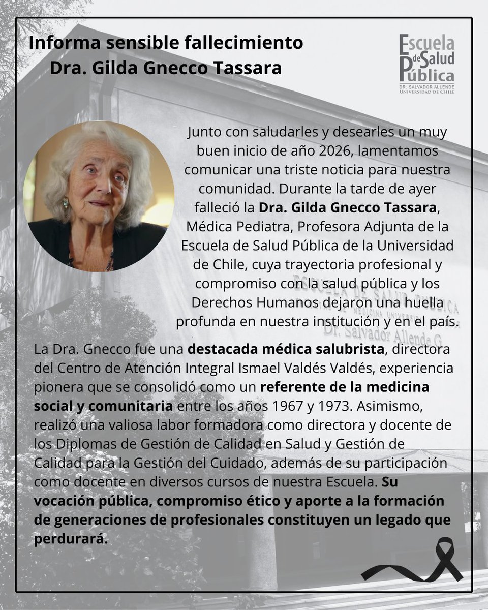 esp_uchile's tweet image. 🕊️ Lamentamos el fallecimiento de la Dra. Gilda Gnecco Tassara, médica pediatra y Profesora Adjunta de la ESP de la @uchile.
Destacada salubrista, referente de la medicina social y comunitaria, y formadora de profesionales, su legado en salud pública y Derechos Humanos perdurará.