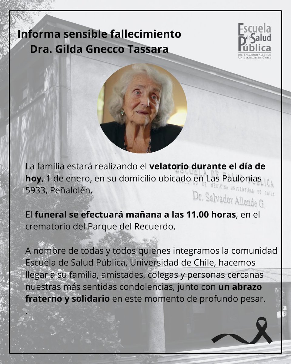 esp_uchile's tweet image. 🕊️ Lamentamos el fallecimiento de la Dra. Gilda Gnecco Tassara, médica pediatra y Profesora Adjunta de la ESP de la @uchile.
Destacada salubrista, referente de la medicina social y comunitaria, y formadora de profesionales, su legado en salud pública y Derechos Humanos perdurará.