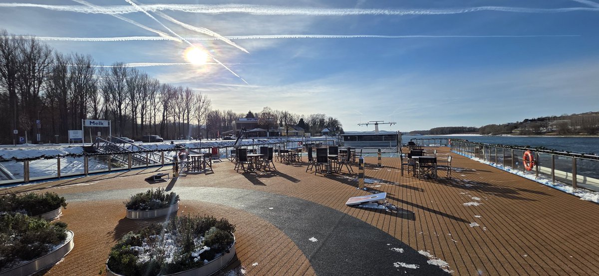 CruiseGuy's tweet photo. Nice day in Melk, Austria aboard @AmaWaterways #AmaMagna. Snow on top deck was melting but plenty arounSunset! Another boat passed by signaling locks were open. Visited Melk Abbey this afternoon. Quite a sunset! https://t.co/CjiuTs5Ouu