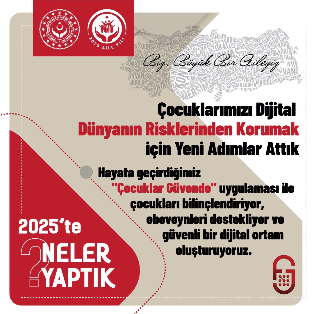 #AileYılı'nda hayata geçirdiğimiz "Çocuklar Güvende" platformu ile çocukları dijital dünyada karşılaşabilecekleri risklere karşı korumaya yönelik yeni bir adım attık.

Platform aracılığıyla çocukları bilinçlendiriyor, ebeveynleri destekliyor ve güvenli bir dijital ortam