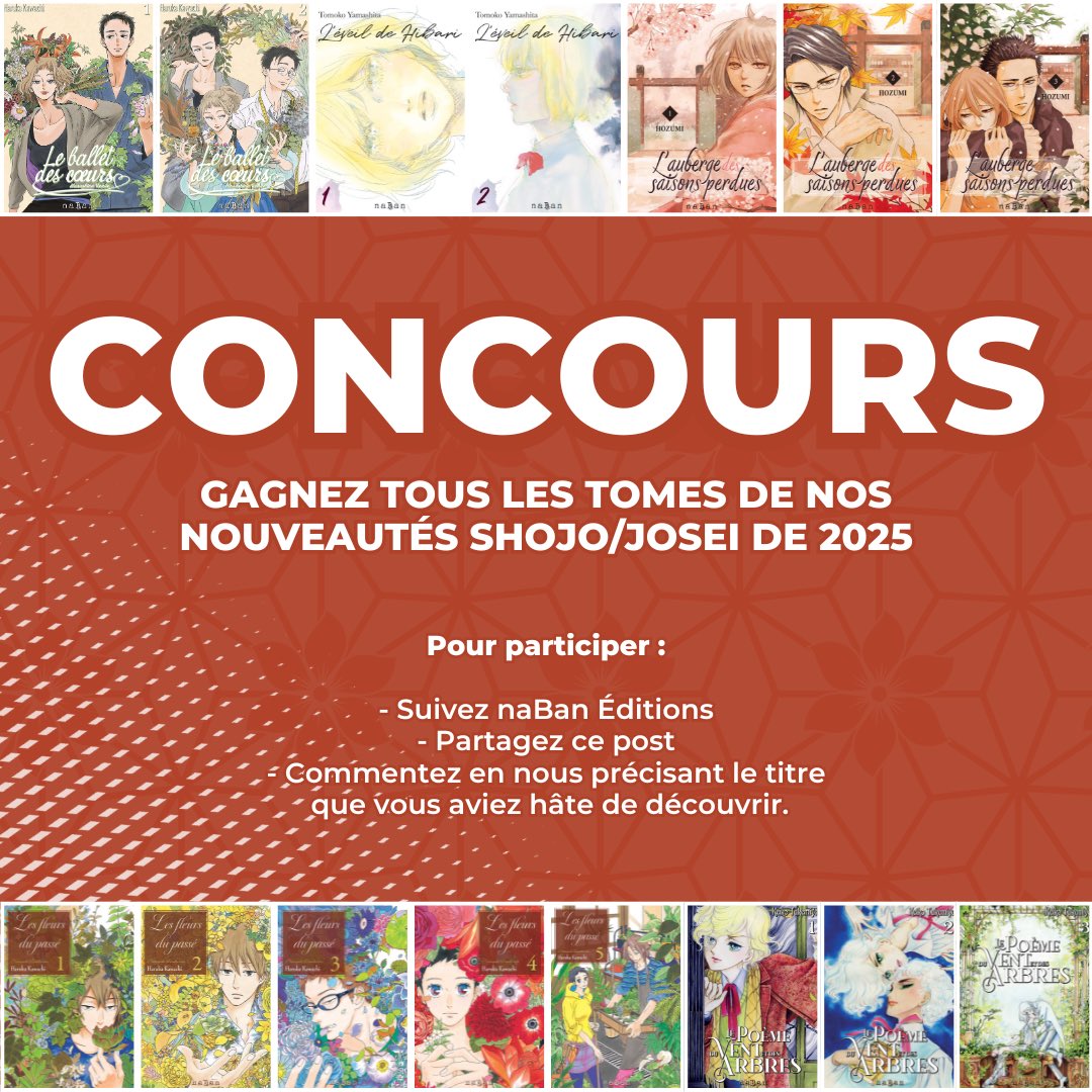 NabanEditions's tweet image. 🎊 Concours pour la nouvelle année 🎊

Nous organisons un concours pour permettre à une personne parmi vous de remporter l’ensemble des tomes (publiés en 2025) de nos nouvelles séries shojo/josei parues en 2025 !

TAS : le 5 janvier 2026 à 12h

Bonne chance ! ☺️